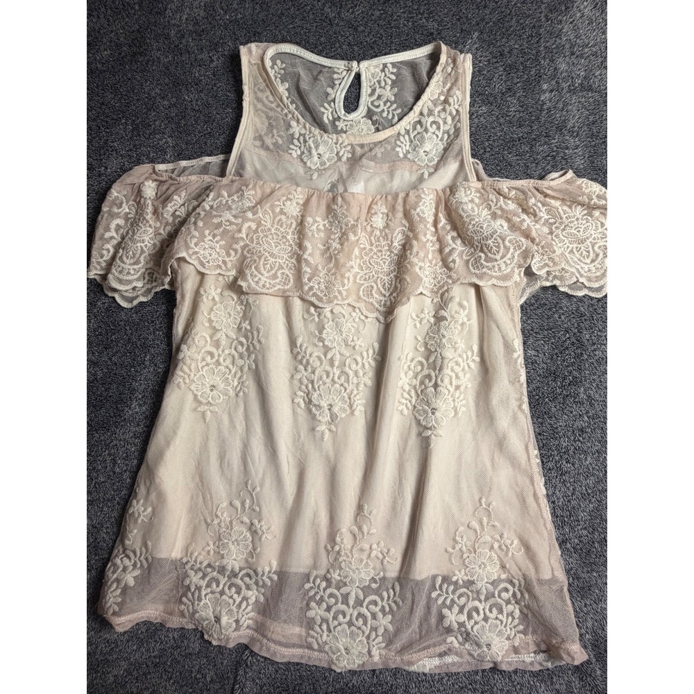 Society Girl Women Pink Cream Floral Lace Cold Shoulder Ruffle Blouse Top Large